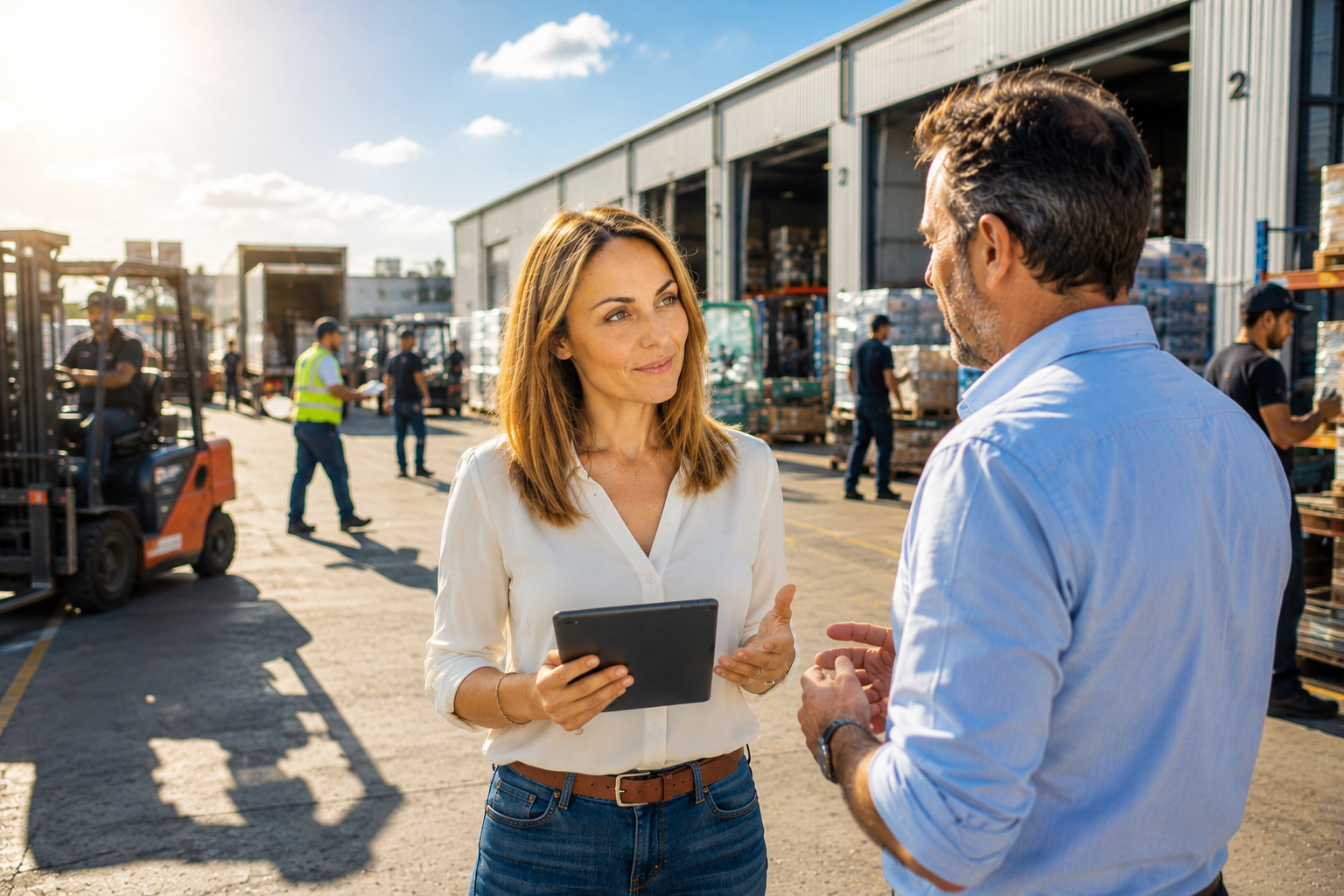 Laura Charron sur le terrain avec un professionnel devant un site logistique STRAKARA